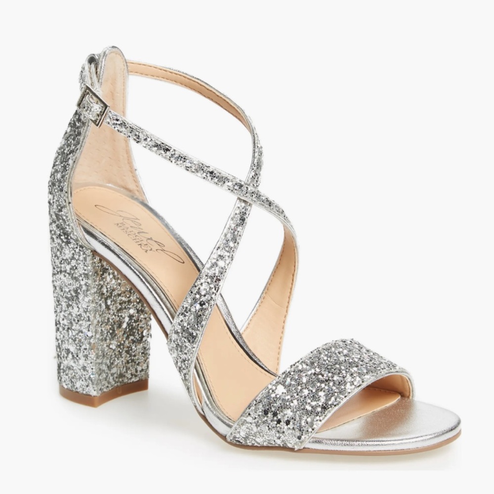Jewel Badgley Mischka Cook Silver Glitter Bloch Heel Ankle Strap Heel Sa…